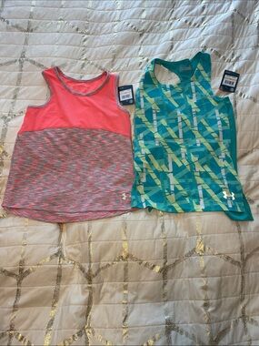 Under Armour Girls Coral Pink Heather Tank & Teal Geometric Athletic Tank Duo